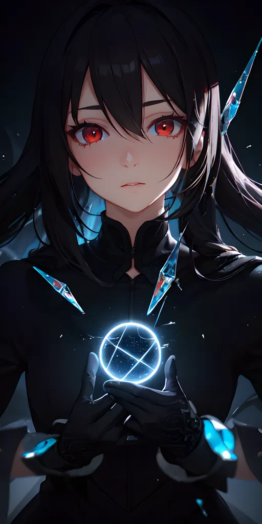 The image is a portrait of a young woman with long black hair and red eyes. She is wearing a black bodysuit with a high collar and gloves. She is holding a glowing blue orb in her hands. The background is dark with some blue accents. The woman's expression is serious and focused.