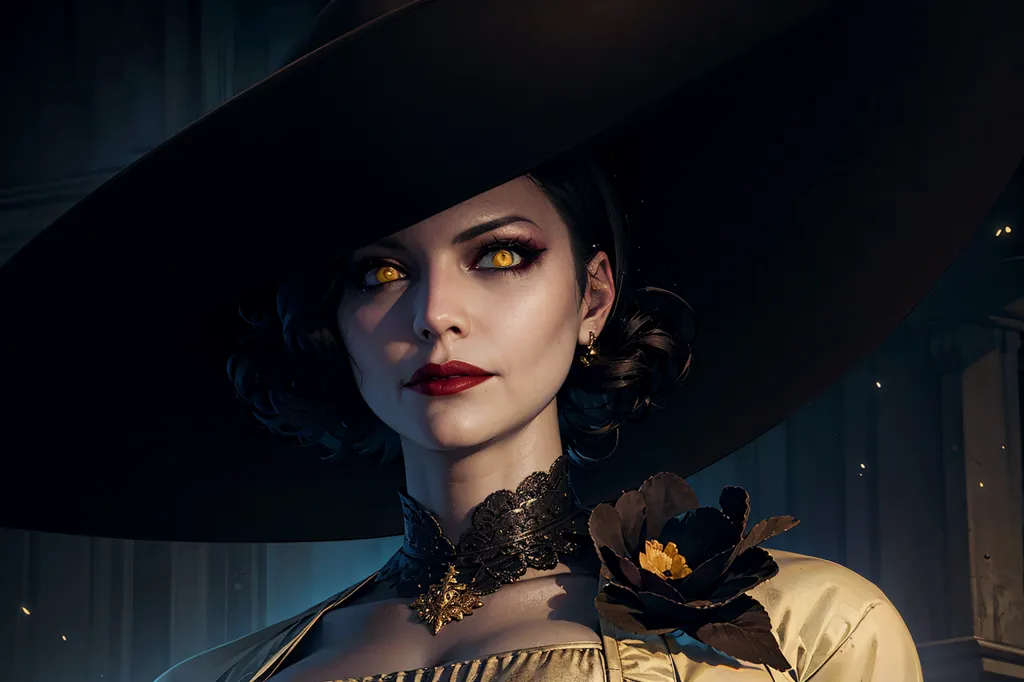 The image is of a woman wearing a black hat with a wide brim. The hat is decorated with a gold band and a black feather. The woman has long black hair and yellow eyes. She is wearing a black dress with a gold necklace and a black choker with a gold pendant. The woman is standing in a dark room with a stone floor. There is a wooden door behind her.