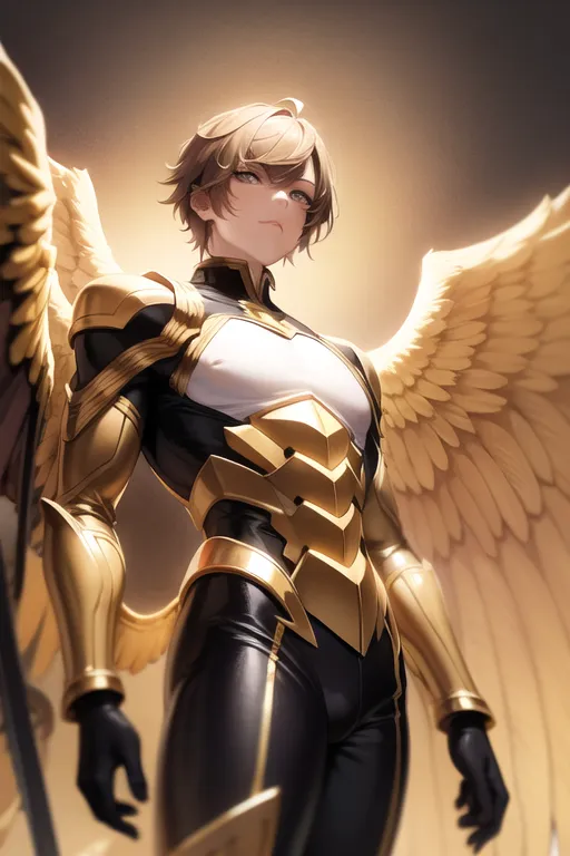 The image shows an anime-style character with short brown hair and golden eyes. He is wearing a white and gold armor with a black bodysuit underneath. He also has a pair of golden wings and is surrounded by a bright light. The background is a gradient of yellow and white.