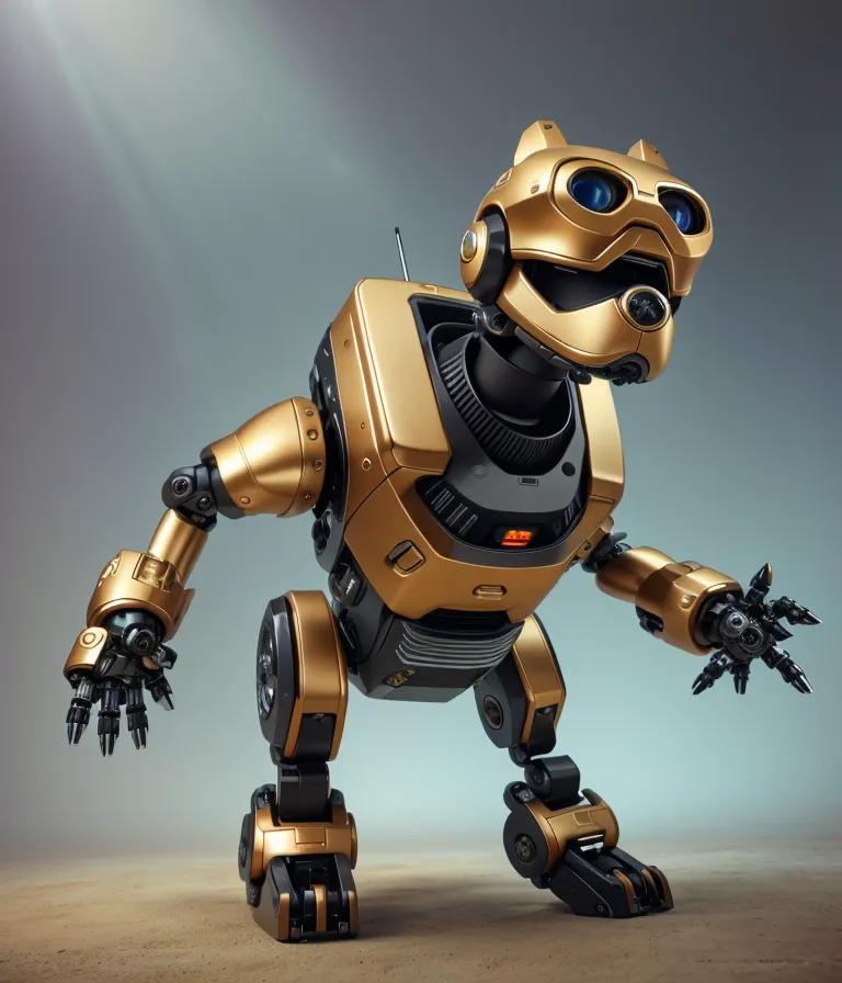 The image shows a golden robot that looks like a dog. It has a golden body and black limbs. The robot has a camera on its head and a light on its back. It is standing on the ground and looking at the camera. The background is a light blue color.