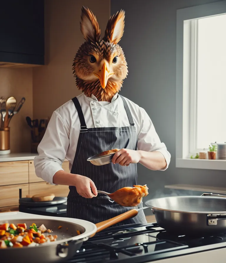 The image shows a person in a chef's uniform with an owl's head. The owl-headed chef is cooking in a kitchen. He is holding a frying pan with a chicken leg in it. There is another pan on the stove with vegetables in it. The chef is looking at the chicken leg in the frying pan.