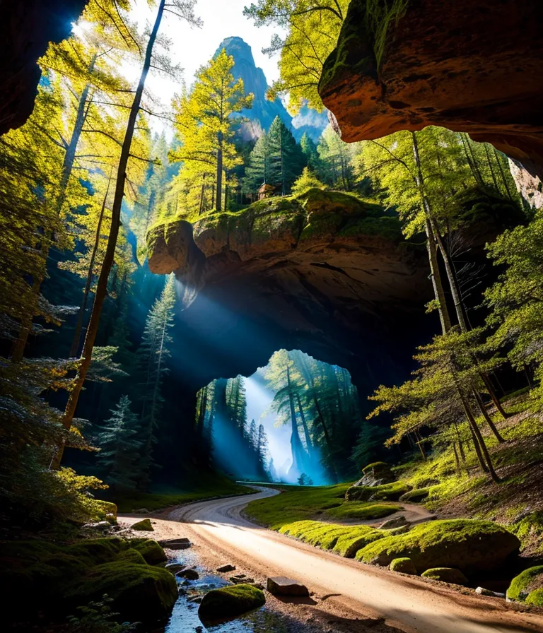 Gambar ini adalah pemandangan indah dari hutan dengan gua besar. Gua tersebut berada di tengah hutan dan dikelilingi oleh pohon-pohon tinggi. Ada aliran air kecil yang mengalir keluar dari gua. Gua tersebut gelap, tetapi ada cahaya terang yang berasal dari luar gua. Cahaya itu menembus melalui pepohonan dan menciptakan pola yang indah di tanah. Gua juga ditutupi lumut dan tumbuhan lainnya.