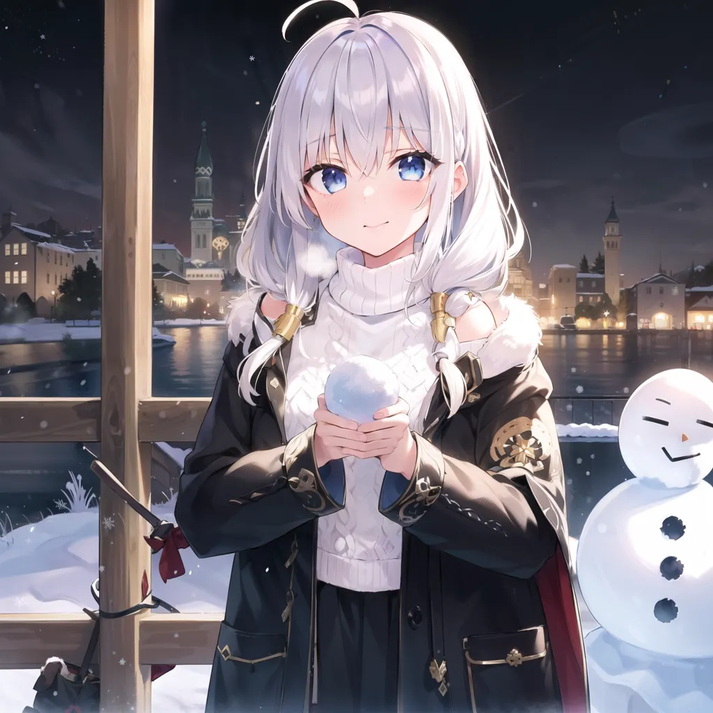 The image is of an anime girl with white hair and blue eyes. She is wearing a white turtleneck sweater and a black coat with gold epaulettes. She is standing in a snowy town at night. There is a snowman to her right and a leafless tree and street lamp to her left. In the background is a river with a bridge spanning it, and a city with buildings and cathedrals behind it. The girl is smiling and has a snowball in her hands.