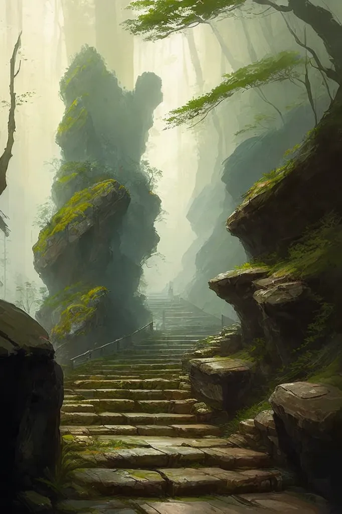 The image is a digital painting of a path leading through a dark and misty forest. The path is made of rough-cut stone and is lined with moss-covered rocks. The trees in the forest are tall and have thick branches. The leaves on the trees are a deep green. The mist is thick and white and it obscures the view of the sky. There is a large rock formation to the left of the path. The rock formation is covered in moss and there are some trees growing on it. There is a wooden railing on the right side of the path. The path leads up to a set of stairs. The stairs are made of the same rough-cut stone as the path. The stairs are also lined with moss-covered rocks.