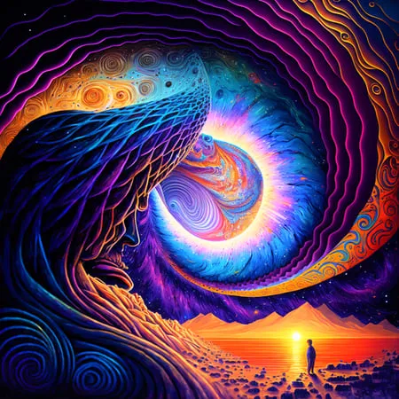 The image is an abstract painting. The colors are vibrant and saturated, and the shapes are fluid and organic. The painting has a dreamlike quality, and it seems to depict a journey through a fantastical landscape.

The painting is divided into two halves. The left half is dominated by a large, blue figure. The figure is surrounded by swirling clouds of purple, green, and yellow. The figure's face is serene, and its eyes are closed. It seems to be in a state of meditation or trance.

The right half of the painting is dominated by a bright, yellow sun. The sun is surrounded by rays of light, and it seems to be rising over a horizon. The horizon is lined with mountains, and there is a small figure standing on the shore. The figure is looking out at the sun, and it seems to be filled with wonder and awe.

The painting is full of symbolism. The blue figure may represent the subconscious mind, while the yellow sun may represent the conscious mind. The journey through the fantastical landscape may represent the process of individuation, or the journey to self-discovery. The painting is a reminder that there is more to reality than what we can see with our eyes. It is an invitation to explore the depths of our own minds and to discover the hidden treasures that lie within.