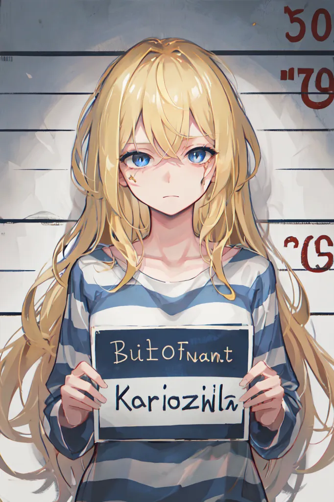 L'image montre une fille de style anime aux longs cheveux blonds et aux yeux bleus. Elle porte un uniforme de prison rayé orange et blanc. La fille se tient devant un fond blanc avec des lignes pour mesurer sa taille. Elle tient également un panneau qui dit \