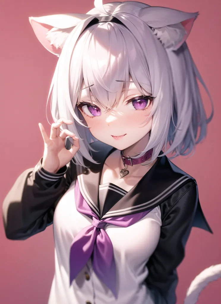 The image is a portrait of a young woman with cat ears and purple eyes. She has white hair that is styled in a bob with bangs. She is wearing a white blouse with a purple ribbon and a black jacket. She has a shy smile on her face and is making a peace sign with her fingers. The background is a solid pink color.