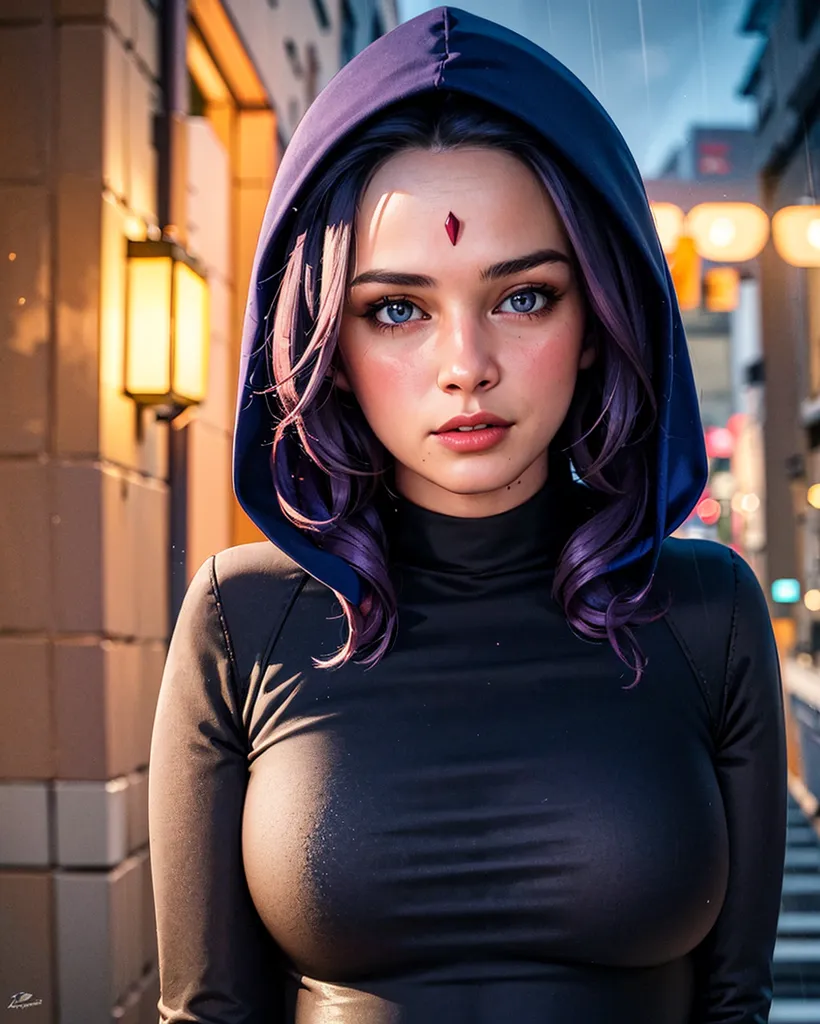 The image is of a young woman with violet eyes and purple hair. She is wearing a black turtleneck crop top with a purple hood. There is a red gem in the center of her forehead. She is standing in an alleyway with a blurred city street in the background.