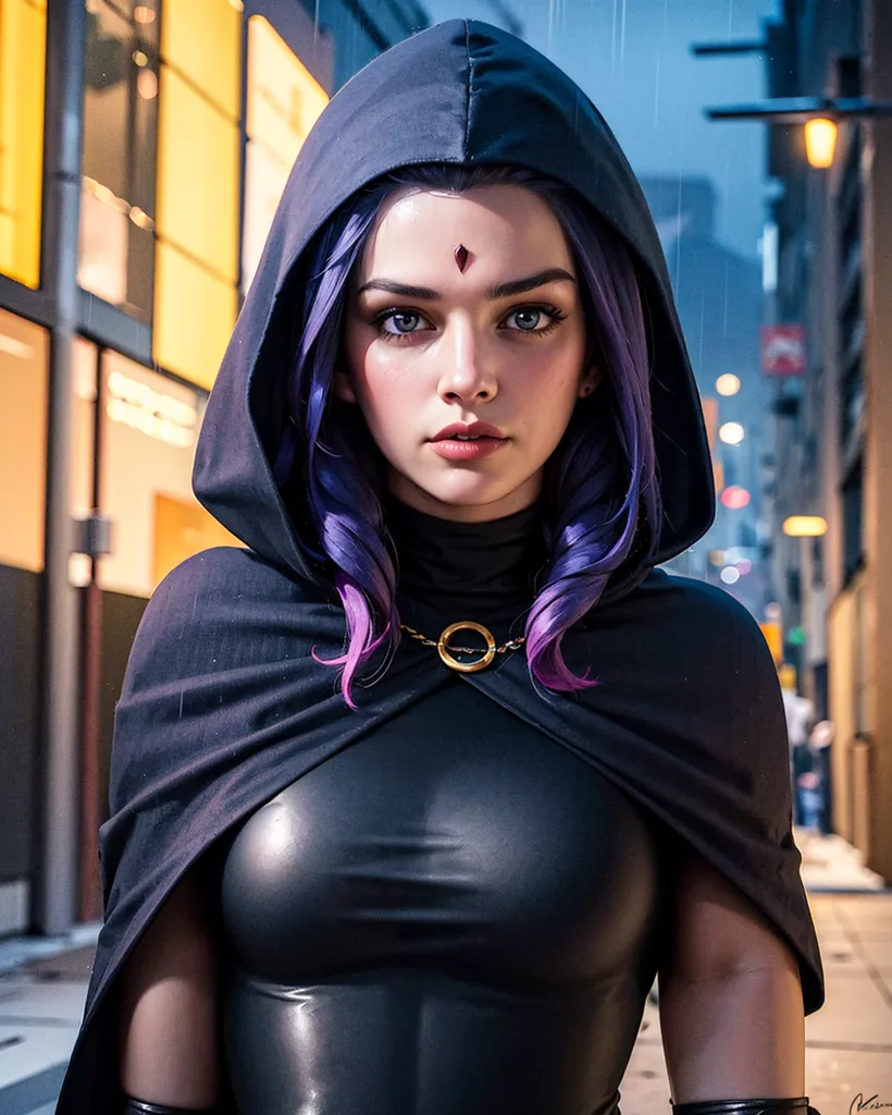 The image is of a young woman, with an irritated expression on her face, dressed in a black leather bodysuit and a black hood. The hood is pulled back to reveal her shoulder-length purple hair. The woman is standing in front of a brick building, with a city street in the background. It's raining and the street lights are reflecting in the puddles on the ground.