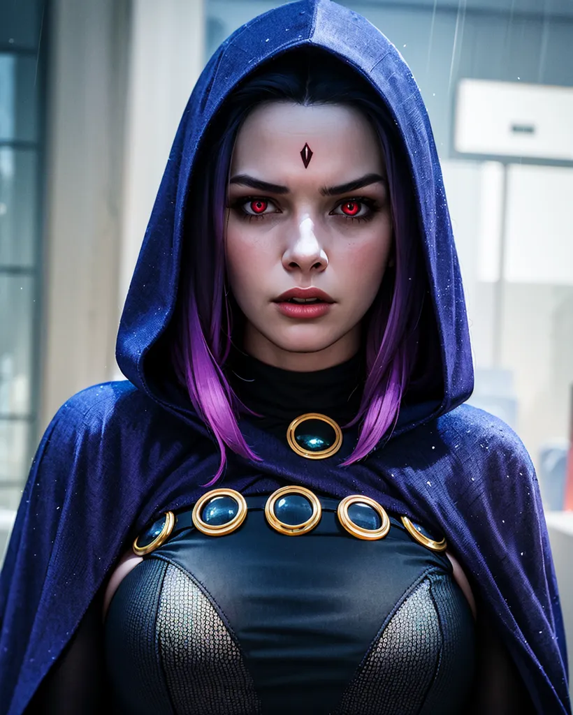 A imagem é de uma mulher jovem com olhos violeta e cabelo roxo. Ela está usando um macacão preto e azul com uma capa roxa. O macacão tem detalhes dourados e um colarinho alto. A capa está presa ao macacão por um broche dourado. A mulher está em pé em uma sala escura com uma janela ao fundo. Há chuva do lado de fora da janela. A mulher tem uma expressão séria no rosto.