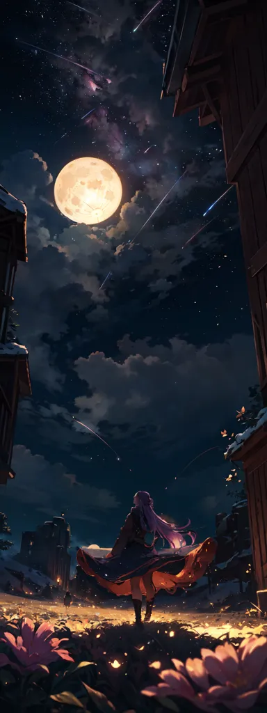 The image is a beautiful anime-style illustration of a girl standing in a street at night. The full moon is shining brightly in the sky, and there are many stars and shooting stars. The girl is wearing a long red dress with a white cape, and she has long purple hair. She is looking up at the sky in wonder. The street is lined with traditional Japanese-style houses and shops and there are flowers blooming on either side of the street. The image is very peaceful and serene, and it captures the beauty of the night sky.