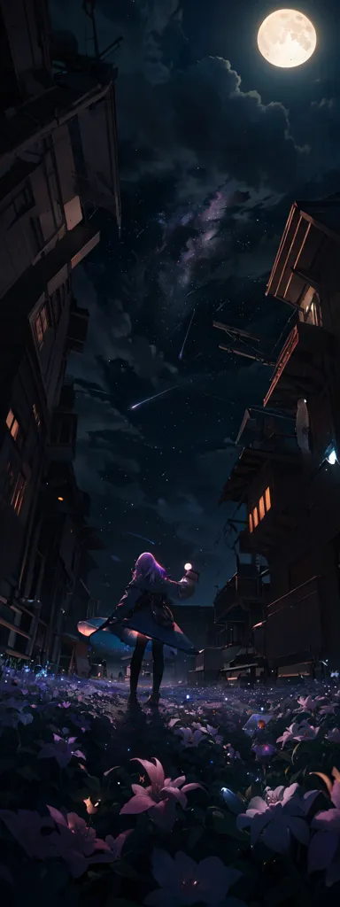 The image is a night scene of a street in a city. The street is narrow and flanked by tall buildings. The buildings are mostly in darkness, but a few have their lights on. The street is lit by a full moon. There is a girl standing in the middle of the street. She is wearing a long dress and has long purple hair. She is holding a glowing orb in her hand. The orb is casting a light on the ground around her. There are flowers growing on either side of the street. The flowers are purple and white. There is a shooting star in the sky.