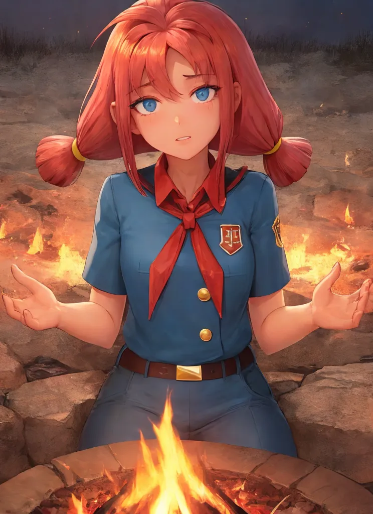 Cette image montre une fille aux cheveux rouges vifs et aux yeux bleus. Elle porte un t-shirt bleu avec une écharpe rouge et une ceinture marron. Elle est assise sur un rocher devant un feu de camp. La fille a une expression sérieuse sur le visage et regarde le feu. Elle semble perdue dans ses pensées. L'arrière-plan de l'image est une forêt la nuit. Les arbres se découpent en silhouettes contre le ciel. La seule lumière provient du feu de camp.