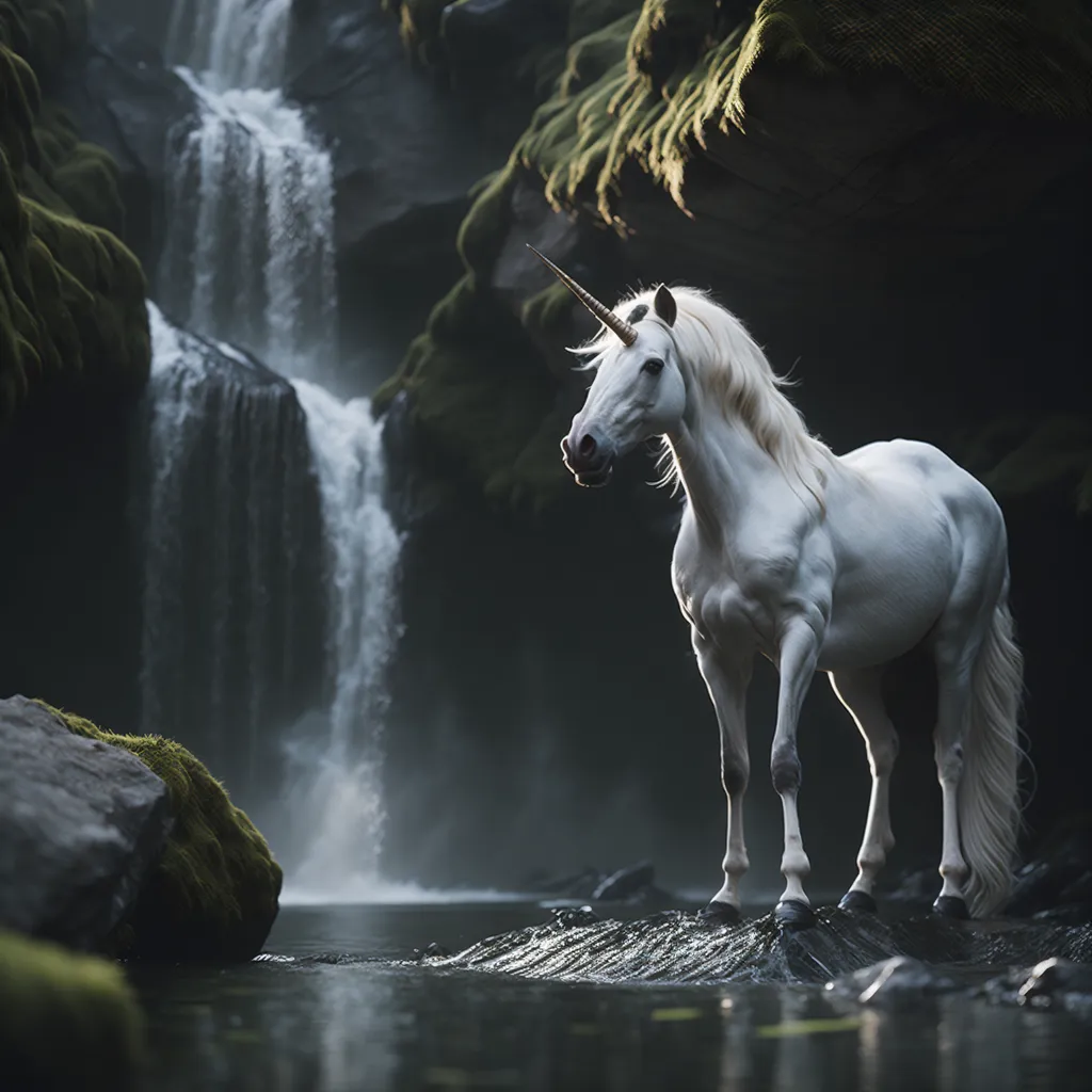 Un unicornio blanco con una melena y una cola largas y ondulantes está de pie en un río. El agua se precipita sobre las rocas en el fondo, y el unicornio está de pie sobre una pequeña roca en medio del río. El unicornio mira hacia la izquierda del encuadre, y su cuerno brilla bajo la luz del sol. El unicornio está rodeado de exuberante vegetación verde, y las rocas del fondo están cubiertas de musgo.