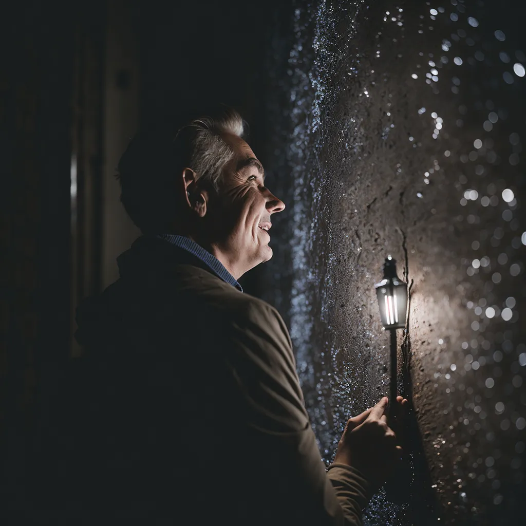 Un hombre está sosteniendo una linterna en un lugar oscuro. Está mirando la linterna con una sonrisa en su rostro. La luz de la linterna se refleja en la superficie de la pared. El hombre lleva una chaqueta marrón y una camisa azul. Tiene el cabello gris y arrugas en la cara. Está solo en el lugar oscuro.