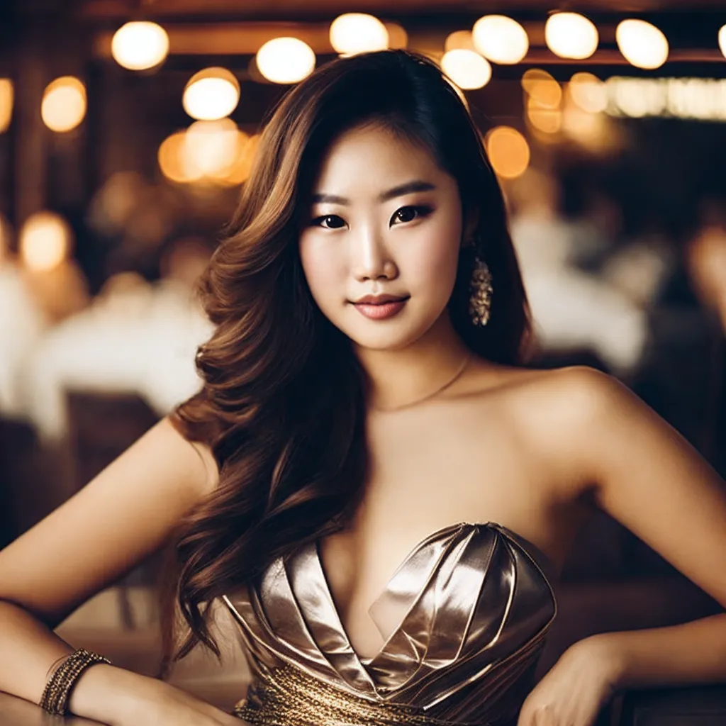 The picture shows a young Asian woman with long, dark hair. She is wearing a gold strapless dress with a sweetheart neckline. The dress is fitted to her body and has a slit at the leg. She is also wearing several pieces of jewelry, including a necklace, earrings, and bracelets. Her hair is styled in loose waves and her makeup is flawless. She is sitting in a dimly lit room with a blurred background.