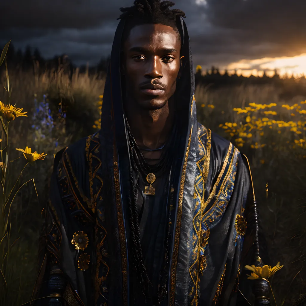 Cette image montre un jeune homme afro-américain debout dans un champ de fleurs jaunes. Il porte une robe noire avec des bordures dorées et une capuche. La robe est ouverte, montrant une chemise blanche et un pantalon noir. Il porte également plusieurs colliers, un bracelet au poignet droit et une bague à la main gauche. Il a une expression sérieuse sur le visage. À l'arrière-plan, le soleil se couche derrière des arbres lointains.