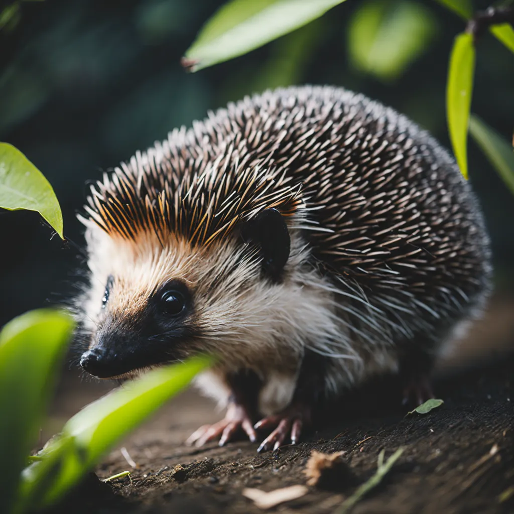 The image shows a European hedgehog in its natural habitat. The hedgehog is standing on a wooden surface, surrounded by green leaves. The hedgehog is brown and white, with a long, pointed snout and short legs. Its fur is covered in sharp spines, which it uses to protect itself from predators. The hedgehog is a nocturnal animal, and it spends most of its time sleeping in a burrow. It comes out at night to hunt for food, which includes insects, worms, and snails. The hedgehog is a solitary animal, and it does not usually interact with other hedgehogs.