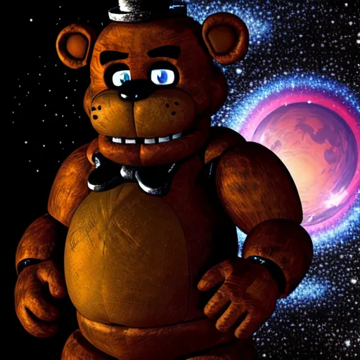 The image shows Freddy Fazbear, a character from the Five Nights at Freddy's horror game series. He is a large, brown bear with a black top hat and bow tie. He is standing in front of a starry background with a large, red planet in the distance. Freddy is looking at the viewer with his blue eyes, and he has a friendly smile on his face.