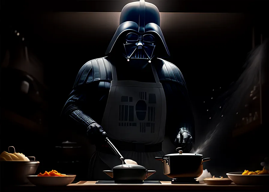 The image shows Darth Vader, the iconic villain from the Star Wars series, in a kitchen. He is wearing an apron and is cooking something in a pot. There are various ingredients on the table, including vegetables and spices. The background is dark and shadowy.