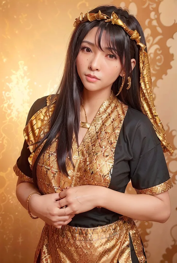 Gambar ini menunjukkan seorang wanita muda dengan rambut hitam panjang dan hiasan kepala berwarna emas. Dia mengenakan gaun tradisional Tiongkok berwarna hitam dan emas dengan motif emas yang rumit, serta kalung emas dengan liontin. Dia memiliki ekspresi tenang di wajahnya dan menatap ke arah kamera. Latar belakangnya berwarna kuning keemasan dengan pola bunga yang samar-samar.