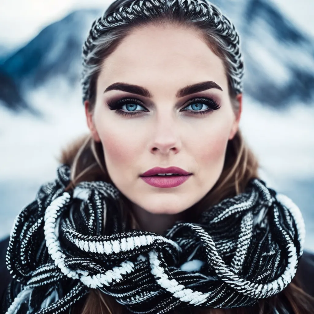 The picture shows a young woman with intense blue eyes and dark eyebrows. She is wearing a black and white striped scarf that covers her chest. The background is blurred, but it looks like she is standing in a snowy forest. The woman has a serious expression on her face. She is wearing dark eyeshadow and her lips are slightly parted. Her hair is long and dark and she is wearing a headband.