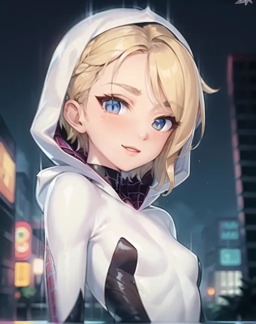 The image is of a young woman with blonde hair and blue eyes. She is wearing a white hoodie with a spider symbol on the chest. The hood is pulled back to reveal her face. She has a small smile on her face. She is standing in a dark alleyway with a city in the background. The city is lit up by streetlights. The sky is dark and cloudy.