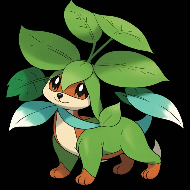 This is an image of a Pokémon named Chespin. It is a small, quadrupedal Pokémon with a leafy mane and a brown body. It has a white belly and a light brown tail. Its ears are long and pointed, and its eyes are black with white pupils. It has a small, triangular nose and a wide mouth. It is standing on all fours, with its left paw raised in the air. It is surrounded by several large, green leaves