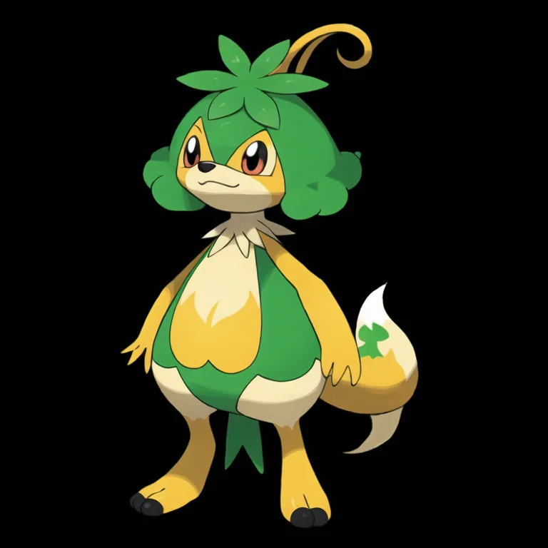 This is an image of a quadrupedal Pokémon. It has a yellow body and green head, arms, and legs. Its head resembles a leafy plant, with a long stem-like neck and a large, clover-shaped leaf on top. It has a small, black nose and round, black eyes. Its arms are short and stubby, and its legs are long and slender. Its tail is long and bushy, with a clover-shaped marking on the tip. It has a small, white, clover-shaped marking on its chest