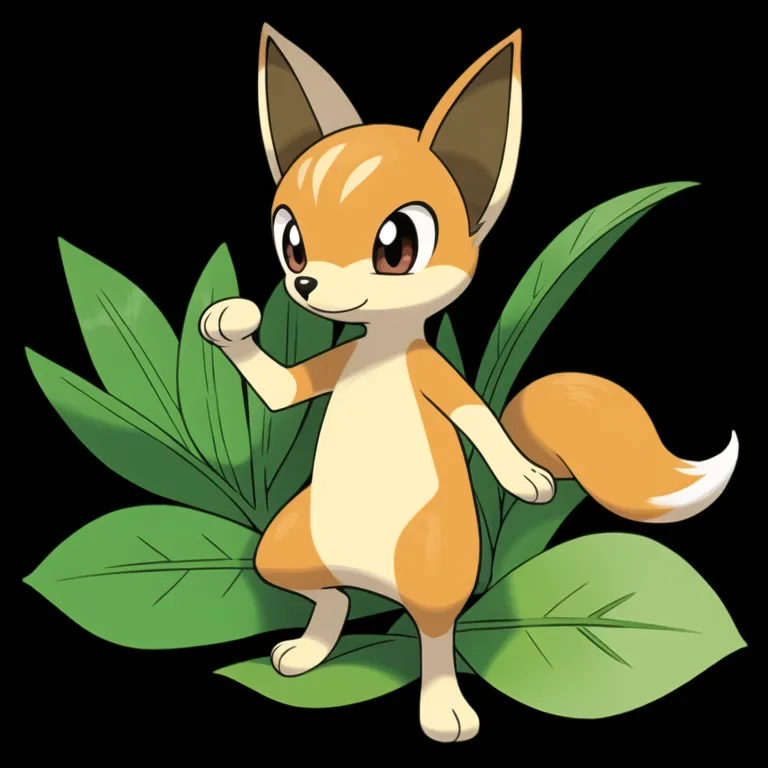 This is an image of a small, fox-like creature. It has orange fur with a cream-colored belly and paws. Its ears are large and pointed, and its tail is long and bushy. It is standing on a bed of green leaves. The creature is smiling and has a friendly expression on its face. It is a cartoon drawing in a realistic style.