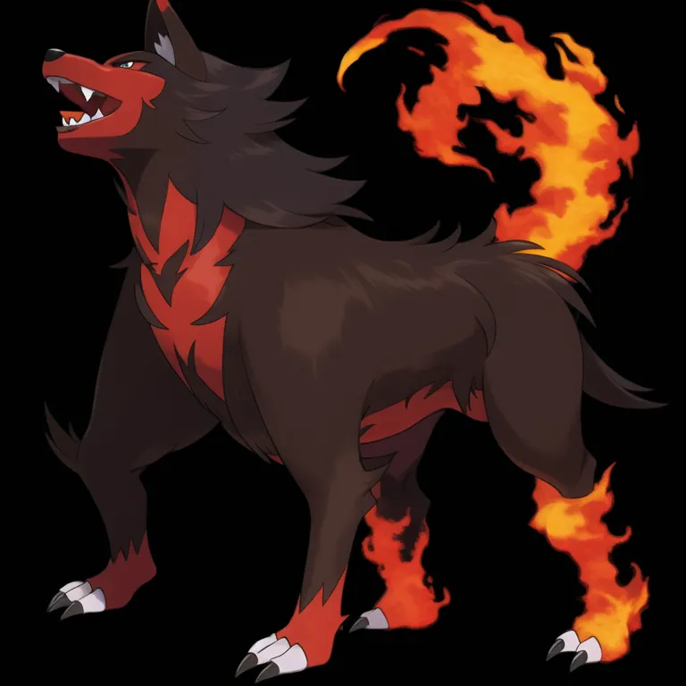 This is a picture of a four-legged canine Pokémon. It has dark fur with red and orange markings. Its eyes are yellow and it has a white, fluffy, cloud-like tail that is on fire. It is standing on all fours with its mouth open and is looking to the lef