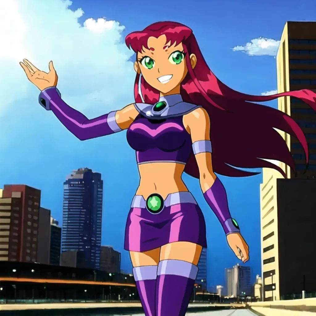 The picture shows a young woman standing in a city street. She is wearing a purple crop top, a purple miniskirt, and purple boots. She has long red hair and green eyes. She is smiling and waving at the viewer. There are tall buildings in the background.