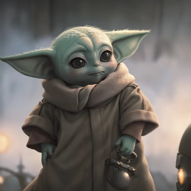 The image shows a small, green creature with large ears and a wrinkled face. It is wearing a brown robe and looking at the viewer with a curious expression. The background is a blur of light and dark colors.

This is Grogu, a character from the Star Wars series \