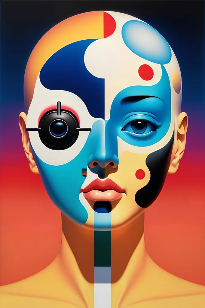 This image is a portrait of a woman with multicolored face paint. The colors are blue, orange, white, red, and yellow. She is wearing a black eye patch with a red circle in the center over her right eye. Her left eye is blue. She has dark red lips. There is a small red circle painted on her right cheek. There is a black shape painted on her chin. She is wearing a white button down shirt. The background is red orange.