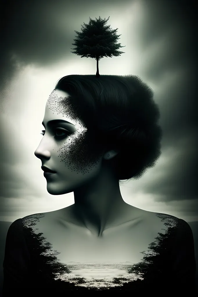 The image is in black and white. It shows a woman in profile with a tree growing out of her head. The tree is dark and leafless. The woman's face is serene. She is looking down. The image is set against a dark, cloudy sky.