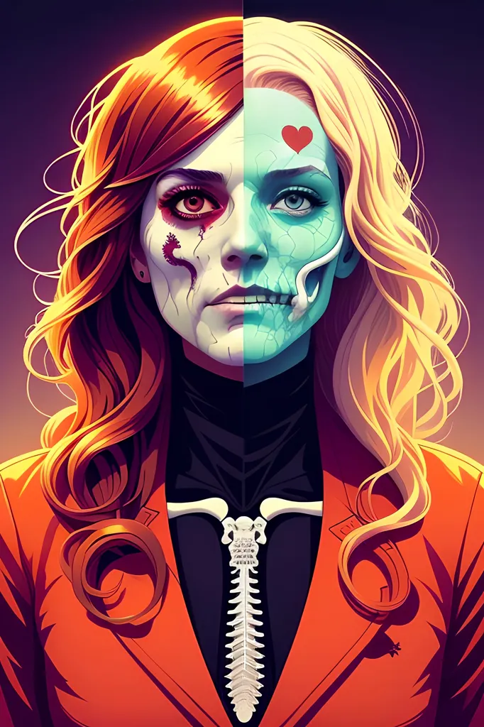 This image is of a woman with half of her face painted like a skeleton. The other half is normal. She has long red and blonde hair and is wearing an orange suit jacket.