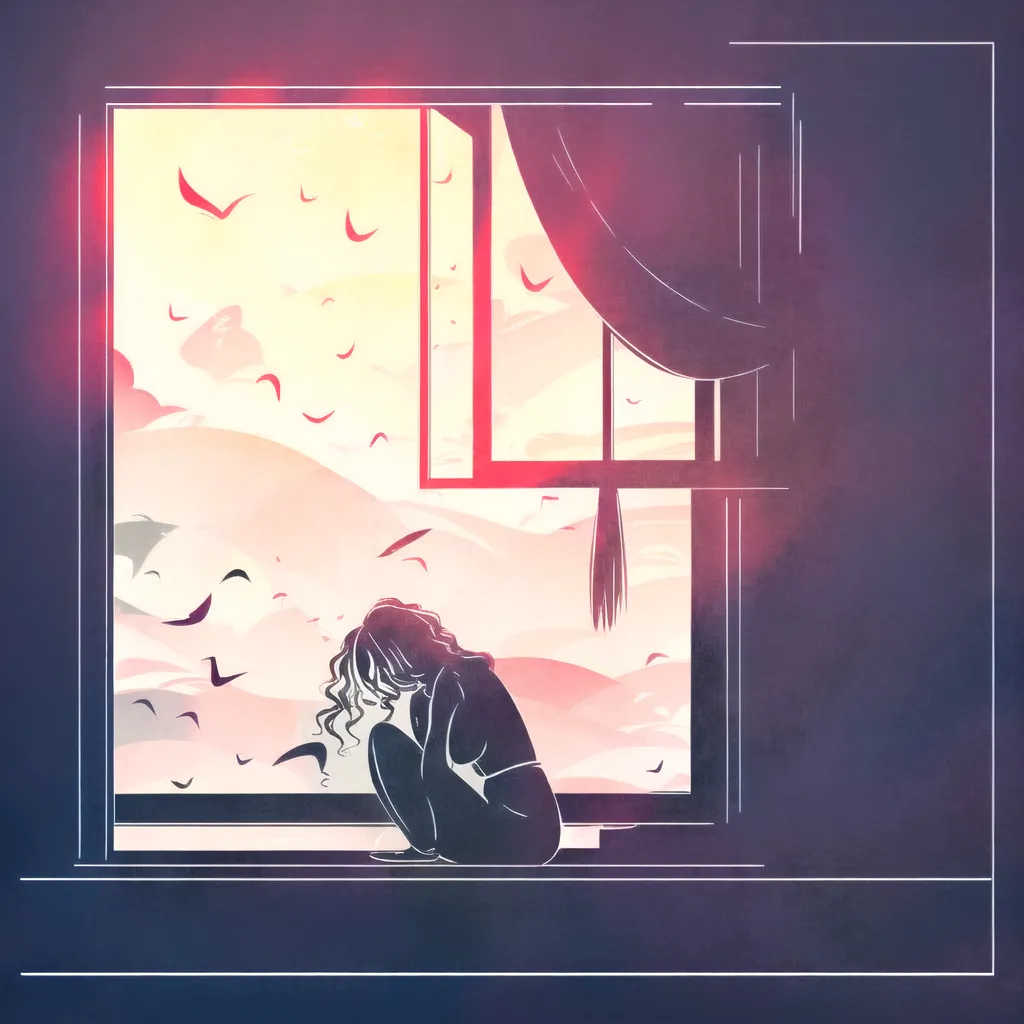 The image is of a girl sitting on a windowsill. She is alone, with her head in her hands. The window is open, and there are birds flying outside. The sky is a gradient of pink, orange, and yellow. The girl is wearing a dress. She has long, dark hair that is blowing in the wind. The image is sad and lonely. It seems like the girl is feeling isolated and alone.