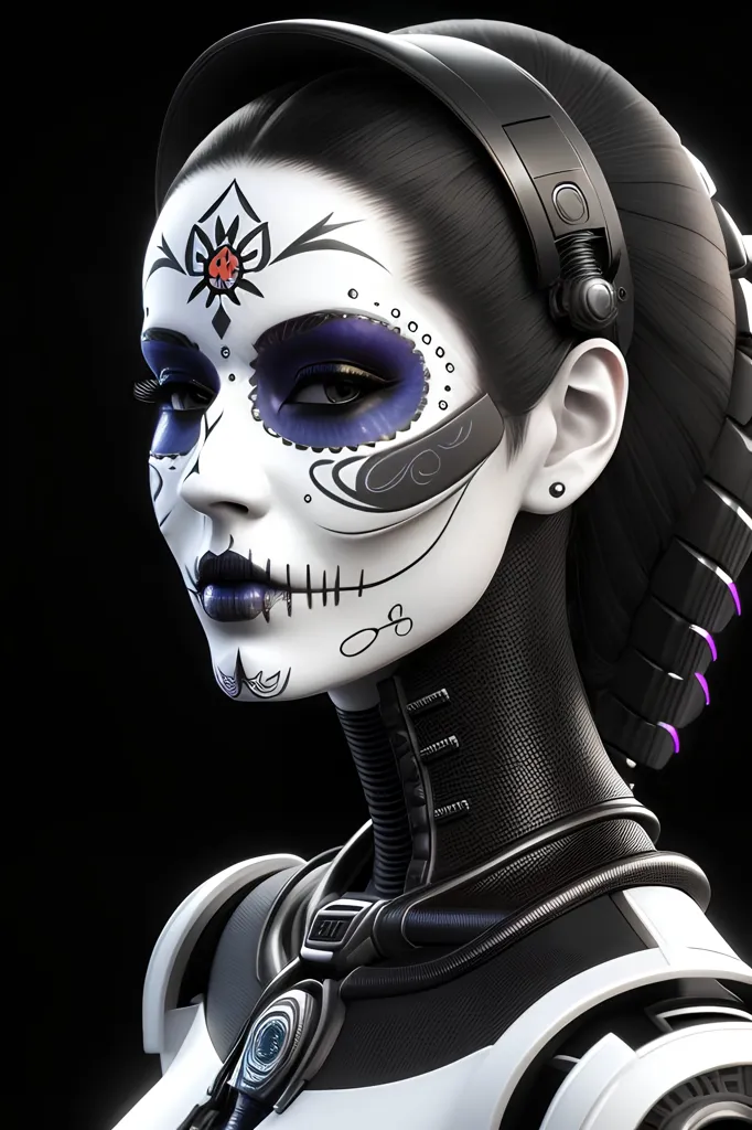 The image is a portrait of a young woman with dark hair and light purple eyes. She is wearing a black and white skull-like face paint with purple accents and has a black headset on. She is also wearing a black and white body suit with a collar. The background is black.