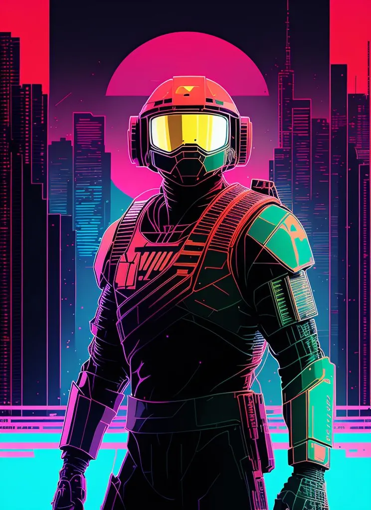 This is an image of a soldier wearing a helmet and body armor. The soldier is standing in front of a city skyline at night. The city is depicted in a retro, neon-like style. The soldier is holding a gun. The image is in a retro, futuristic style.