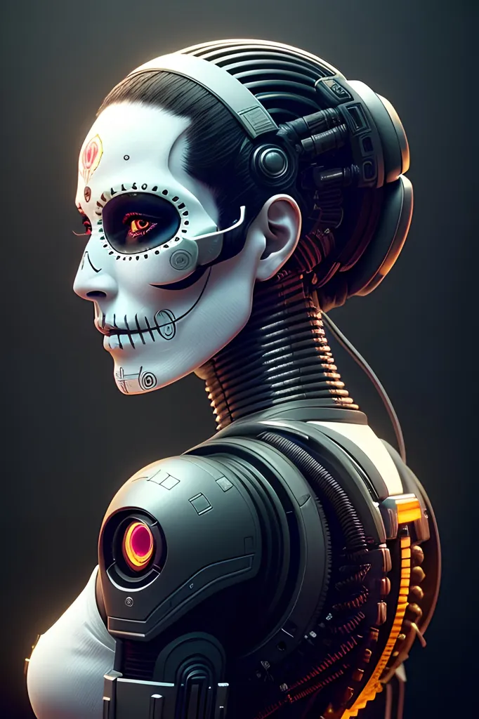 The image is a portrait of a female cyborg with brown hair and light skin. She is wearing a black and white skull-like mask with red and orange details. The mask covers her mouth and nose, and her eyes are visible through the eye sockets. She is also wearing a black and grey robotic suit of armor. The suit covers her neck, shoulders, and chest. She has a red light on her chest and a yellow light on her shoulder. There are also several small lights on her neck and head. The background is dark grey.