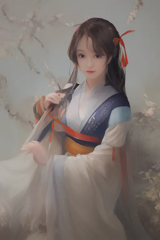 This is an image of a beautiful young woman. She appears to be of Asian descent, with long, dark hair and brown eyes. She is wearing a traditional Chinese dress, which is white with blue and red accents. The dress is trimmed with fur, and she is wearing a red ribbon in her hair. She is standing in front of a white background, and there are some white flowers in the background as well. The woman is holding a flute in her hands. She has a gentle smile on her face, and she looks like she is about to play the flute.