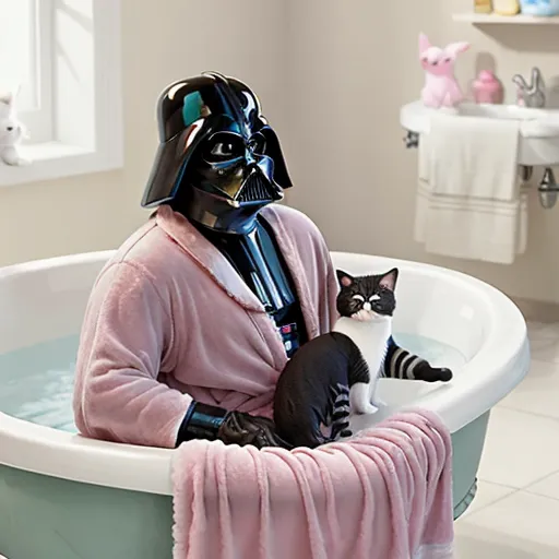 The image shows Darth Vader sitting in a bathtub wearing a pink bathrobe. He has a black and white cat sitting on his lap. The cat has a grumpy expression on its face. Darth Vader is looking at the cat with a stern expression. The background of the image is a bathroom. There is a pink piggy bank on the sink.