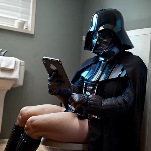 The image shows Darth Vader, a character from Star Wars, sitting on a toilet and reading something on his iPad. He is wearing his iconic black suit and helmet and has a serious expression on his face. The bathroom is decorated in a modern style, with white walls and a gray floor.