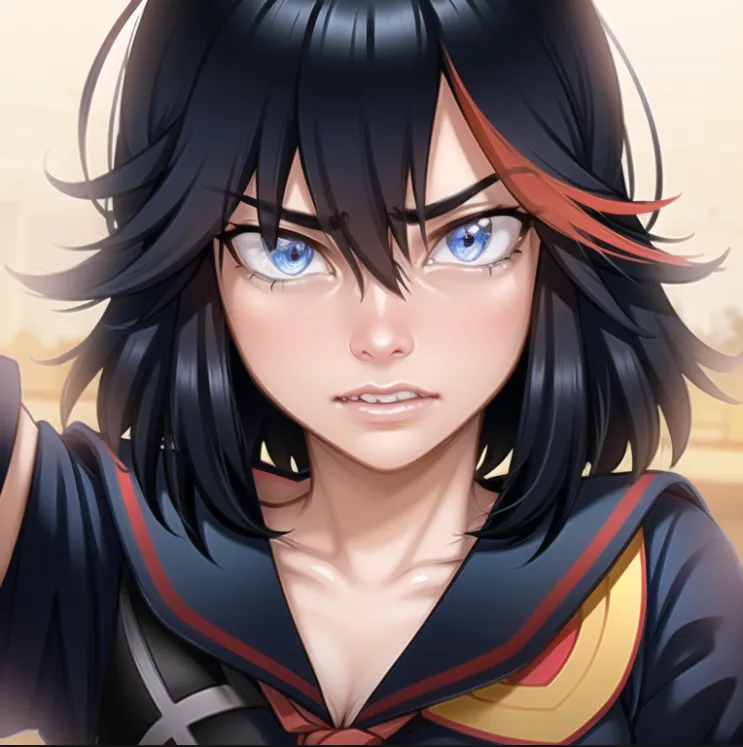 The image contains a young woman with black hair and blue eyes. She is wearing a black and red sailor suit. The expression on her face is one of determination and focus. She is standing in a fighting stance, ready to attack