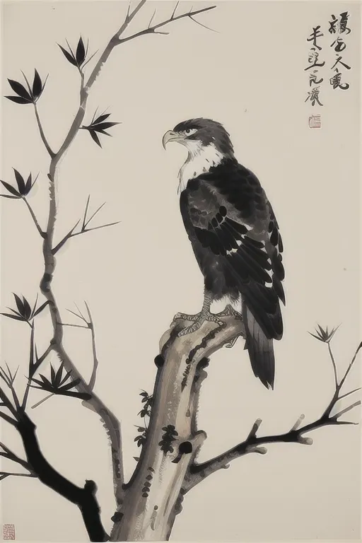 The image is a Japanese painting of an eagle on a bare tree branch. The eagle is perched on a branch and looking to the right. The tree has a few leaves. The painting is done in black and white ink. The artist has used a variety of brushstrokes to create the different textures of the eagle's feathers, the tree bark, and the leaves. The painting is signed and sealed by the artist.