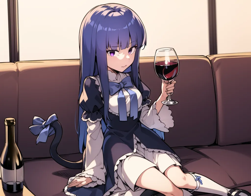 The image shows an anime-style girl with purple hair and cat ears sitting on a couch. She is wearing a black and white dress with a blue bow. She is holding a glass of red wine in her right hand. There is a bottle of wine on the table next to her. The girl has a smug expression on her face.