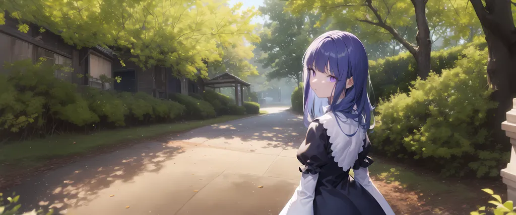 The image is a digital painting of a young woman with purple hair and purple eyes. She is wearing a black and white maid outfit. The woman is standing in a park, surrounded by trees and bushes. The sun is shining through the trees, creating a dappled pattern on the ground. The woman is looking back at the viewer with a slightly sad expression on her face.