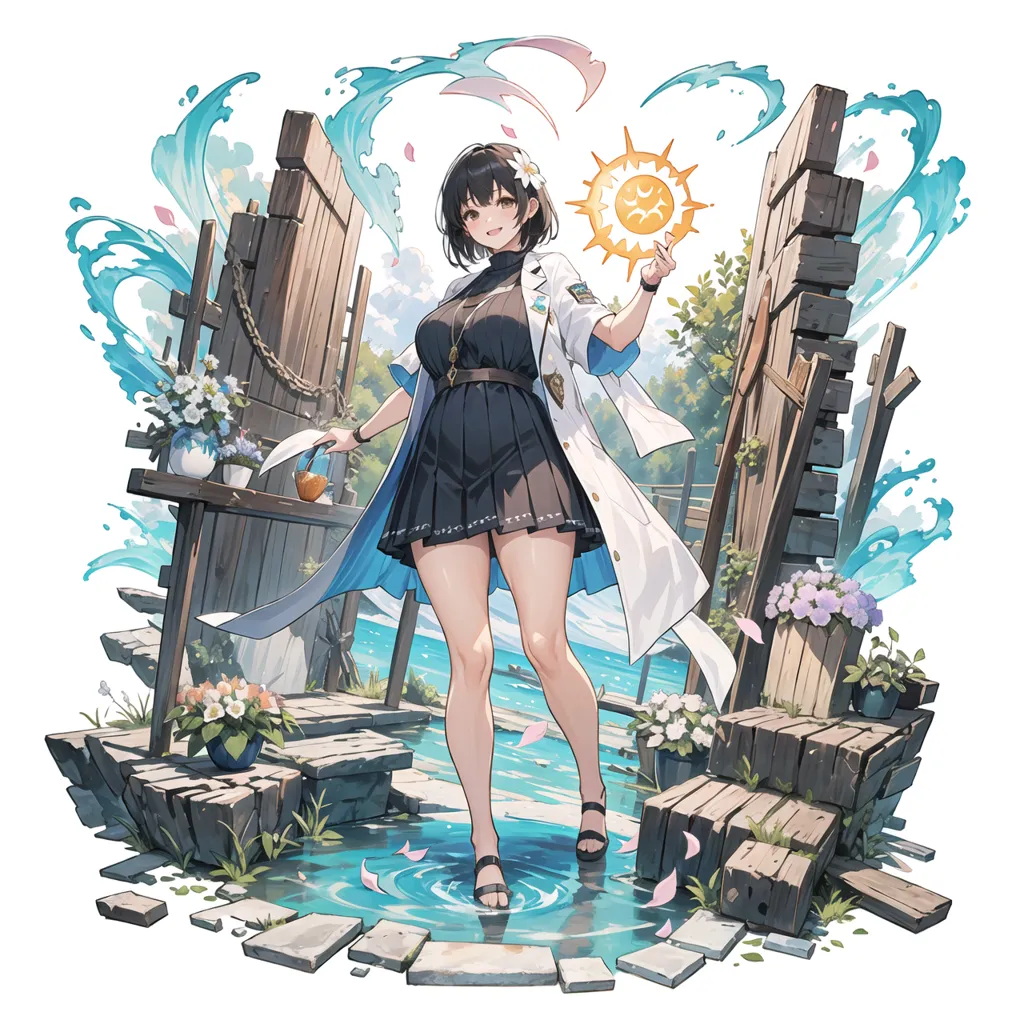 The image is of a young woman standing on a wooden dock in the middle of a body of water. The woman is wearing a black dress with a white collar and a long white lab coat. She has short black hair and brown eyes, and she is barefoot. She is holding a small white flower in her right hand, and there is a larger flower in her hair. The water is calm and clear, and there are a few small waves lapping at the dock. In the background, there is a wooden fence with a gate that is mostly closed. There are some flowers and plants growing on the dock, and there is a small wooden table with a vase of flowers on it. The sun is shining brightly in the background, and there are some clouds in the sky.