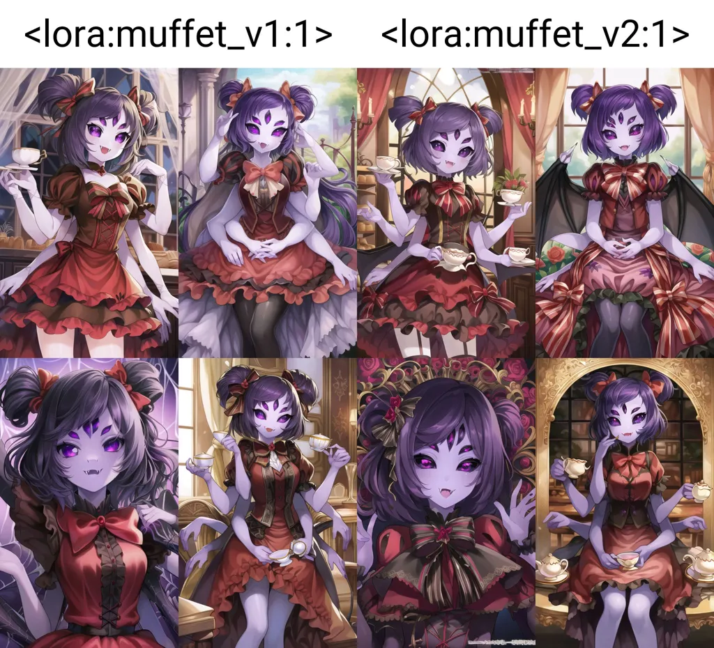 The image shows a character named Lora Muffet from the Undertale video game. She is a spider-like creature with purple hair and red eyes. She is wearing a red and black dress with a white apron. She is also wearing a spider web-like shawl. In the first version, she has four arms, in the second version, she has six arms, and in the third version, she has eight arms.