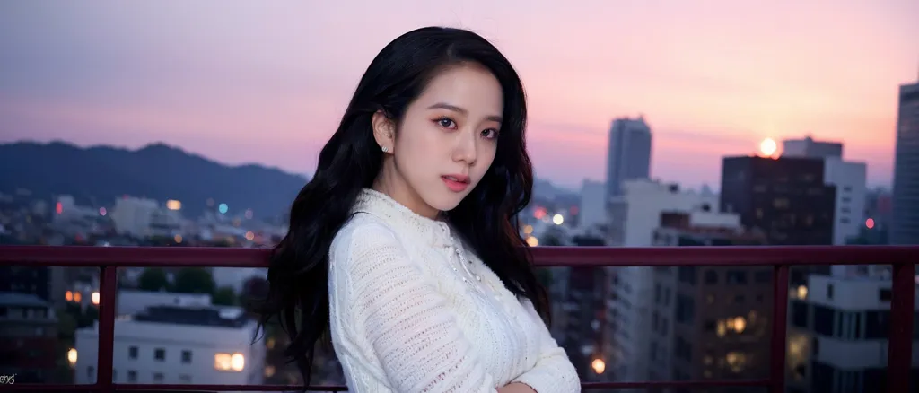 The image shows a young woman standing on a rooftop at sunset. She is wearing a white sweater and has her long black hair flowing down her shoulders. She is looking at the camera with a serious expression on her face. The background of the image is a cityscape with mountains in the distance. The sky is a gradient of purple and pink.